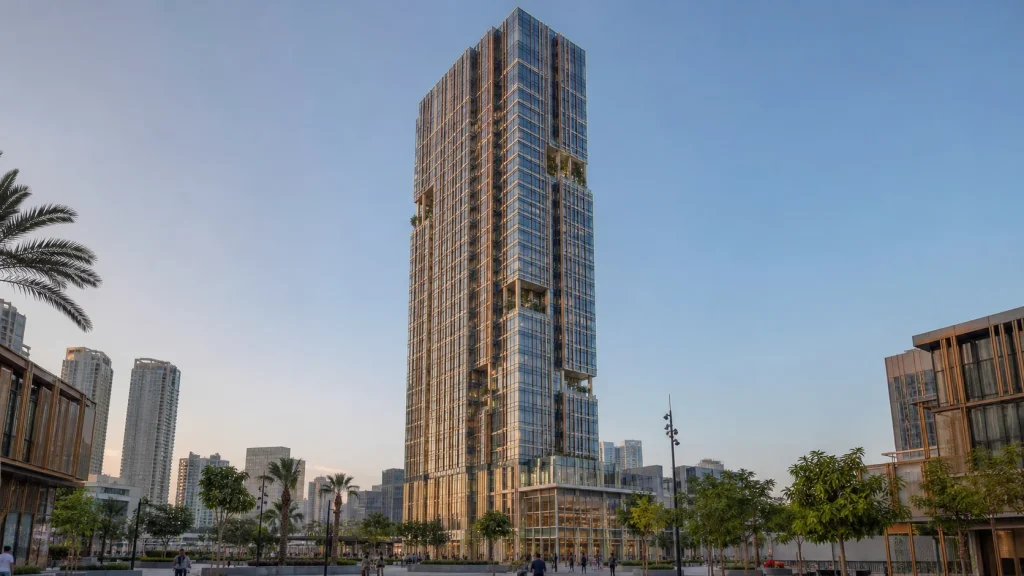 Dubai mixed-use high-rise with a unitized glass curtain wall and bronze vertical solar fins