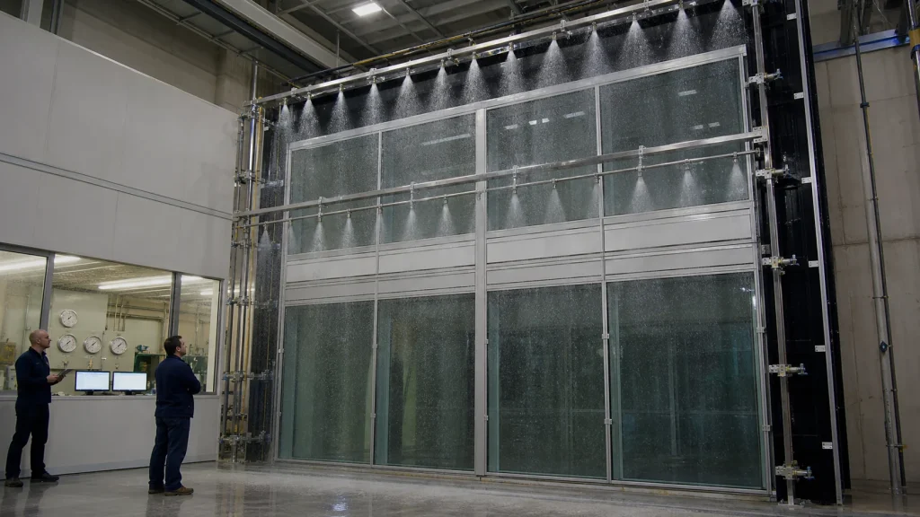 Full-scale curtain-wall mock-up water testing supporting facade certifications for export projects