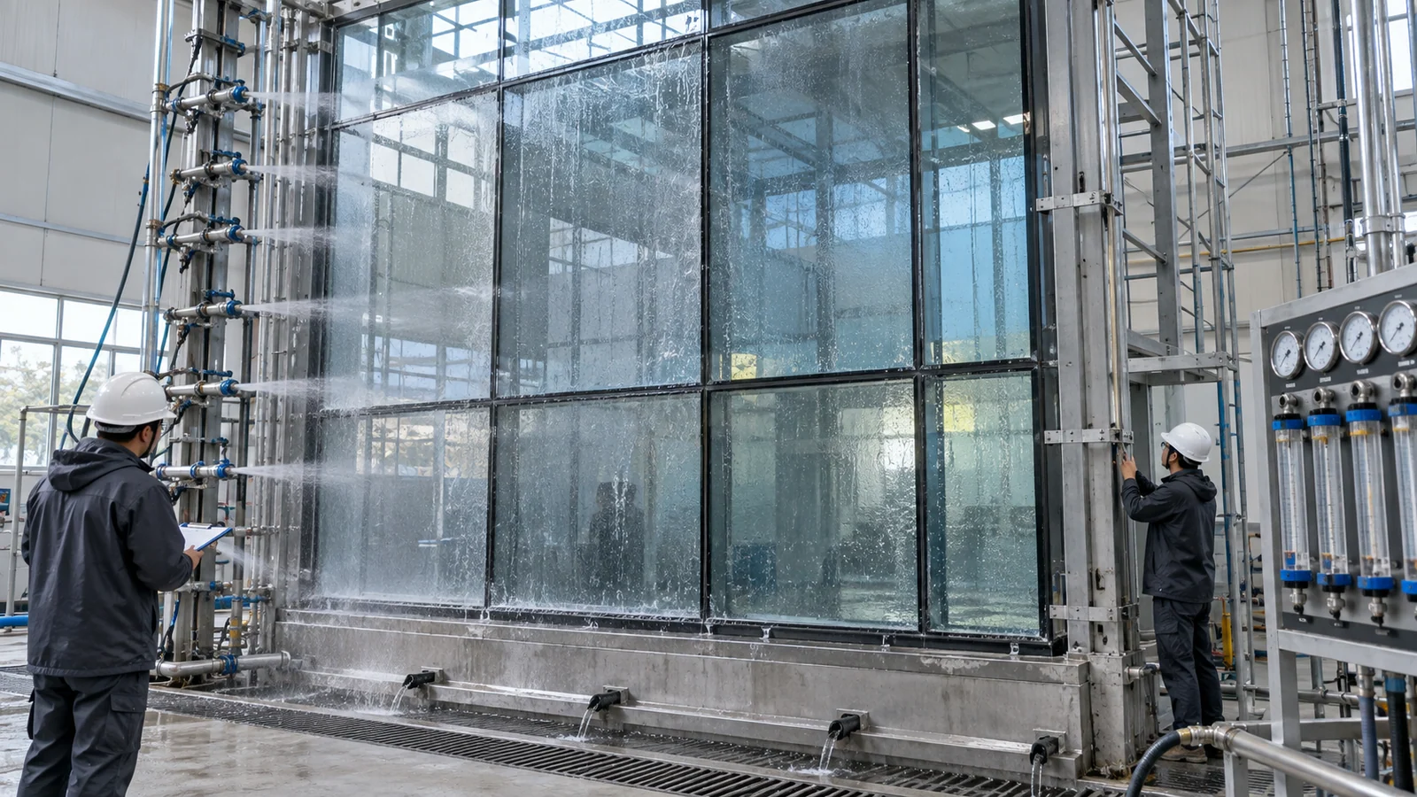Full-scale curtain-wall mock-up water testing supporting facade certifications for export projects