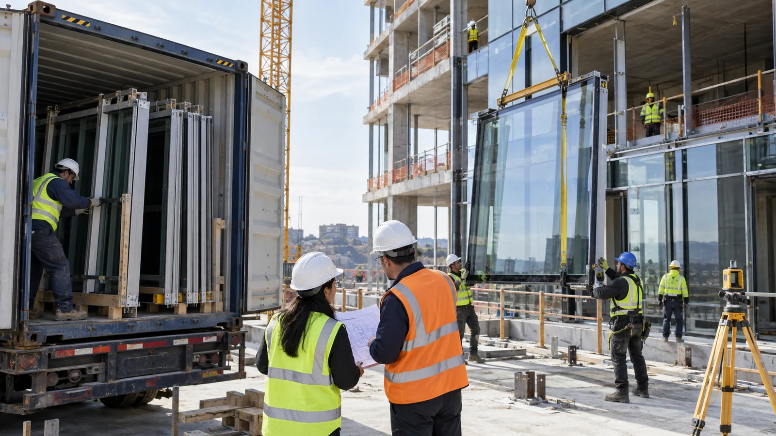 Installation team receiving sequentially packed curtain-wall panels while engineers check the first panel against site control