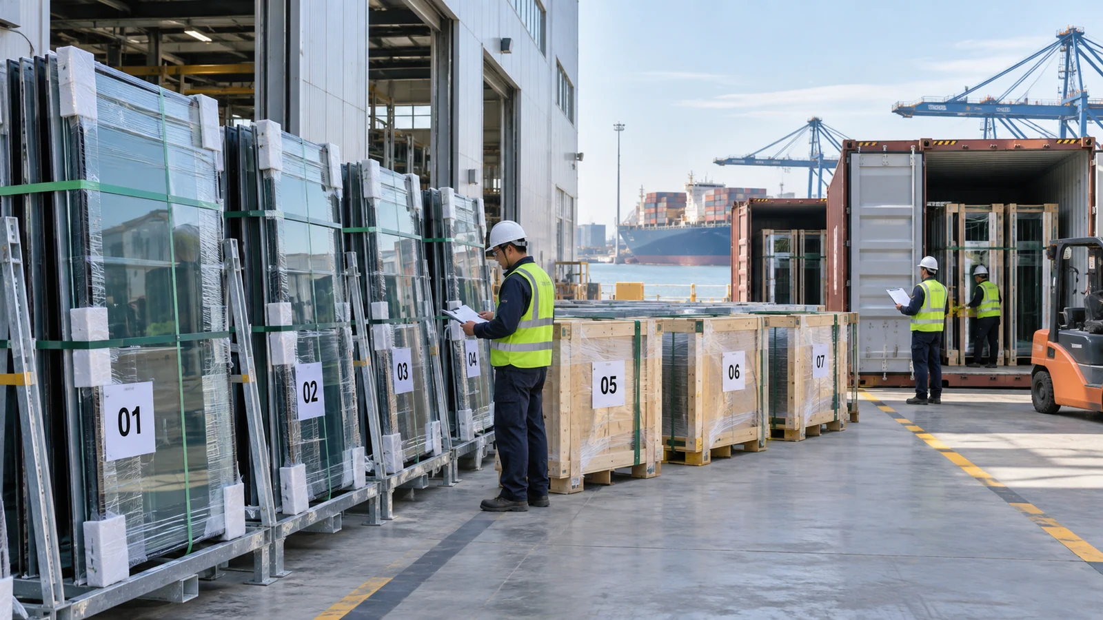 Protected curtain-wall panel racks and crates being checked beside shipping containers before export