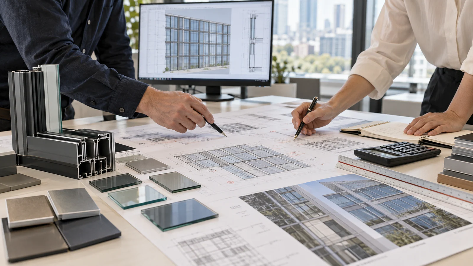 Facade cost review meeting — consultants checking curtain wall cost per square meter against quantities and material samples