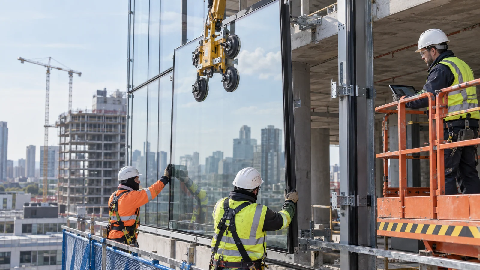 Curtain-wall installers positioning a glazed panel — comparing facade installation options from guarded access platforms