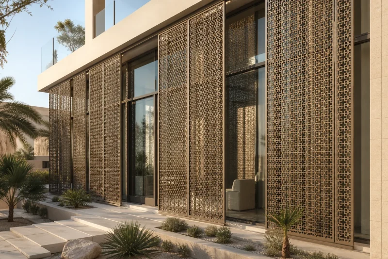 Champagne-bronze Mashrabiya screens shading a glazed Gulf building elevation