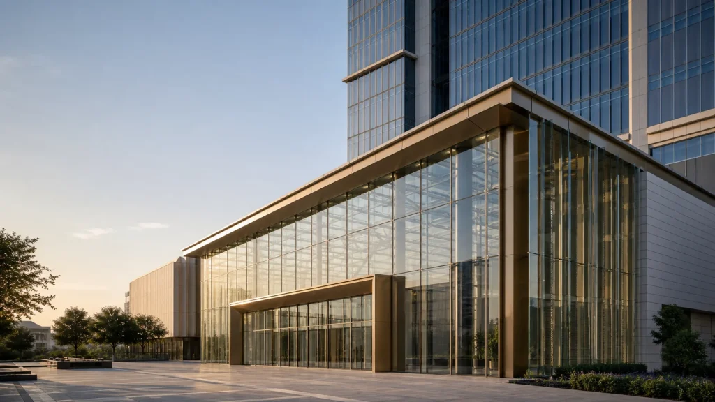 Generated reference of a Doha exhibition building with a long-span glazed arrival hall