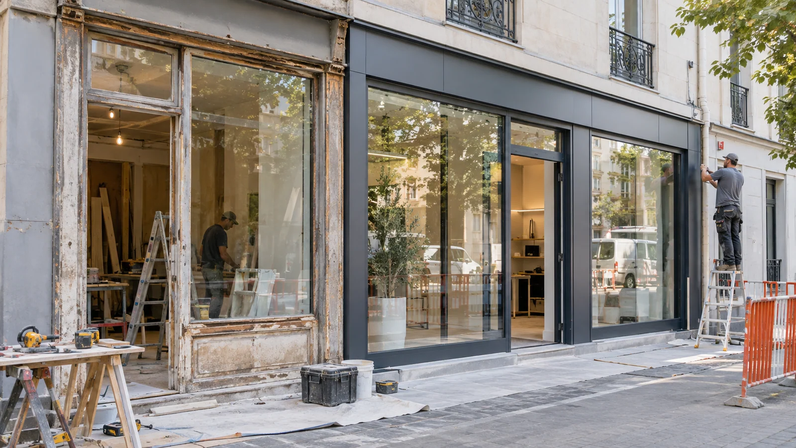 Urban shopfront during phased replacement of an aged frontage with a new aluminium and glass facade