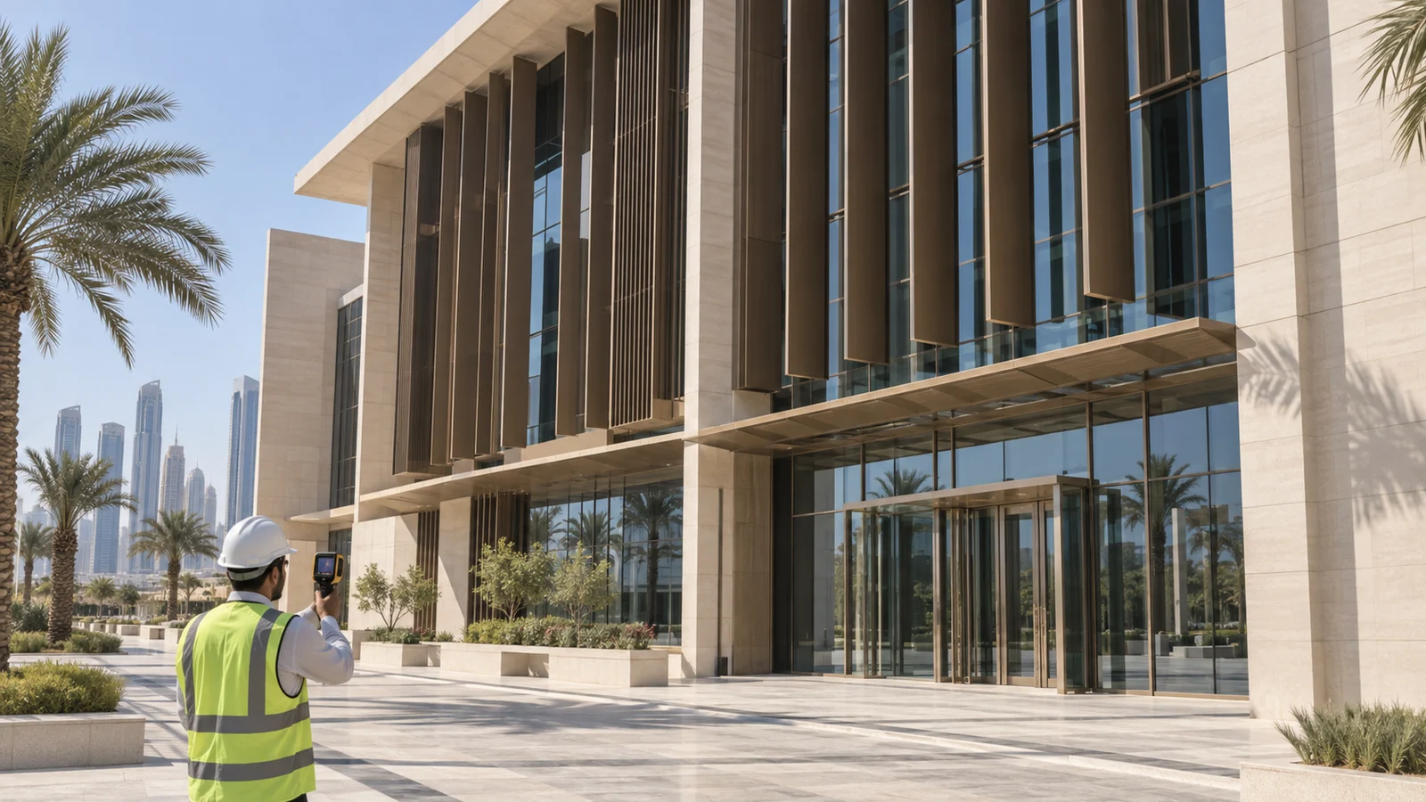 Contemporary Gulf public-building facade with solar-control glazing and deep fins being reviewed with a thermal camera