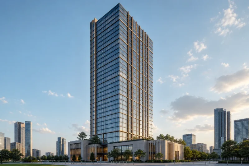 International high-rise tower with repeated factory-glazed unitized modules and bronze solar fins
