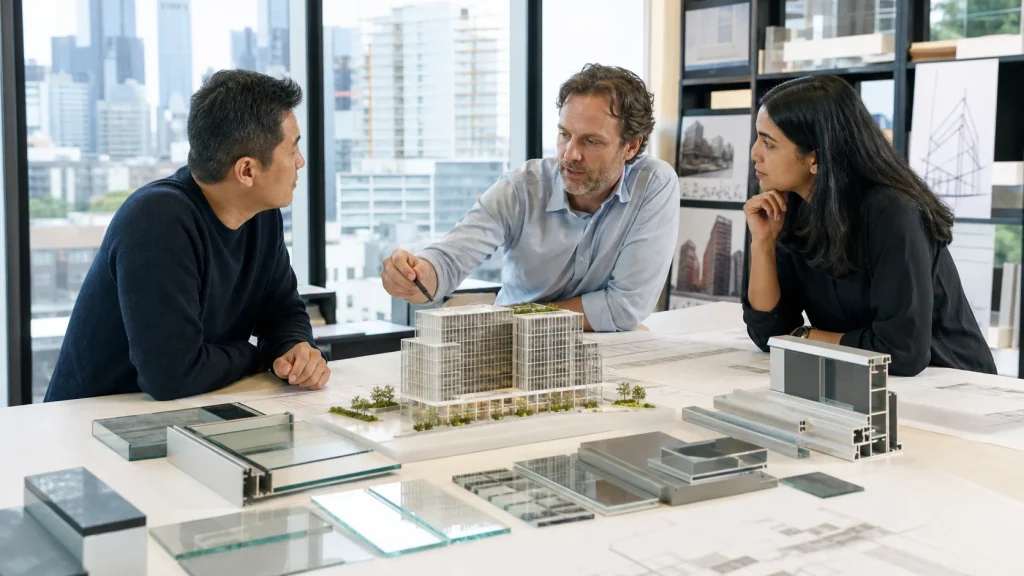 Architect, developer and facade engineer reviewing a concept model and envelope samples
