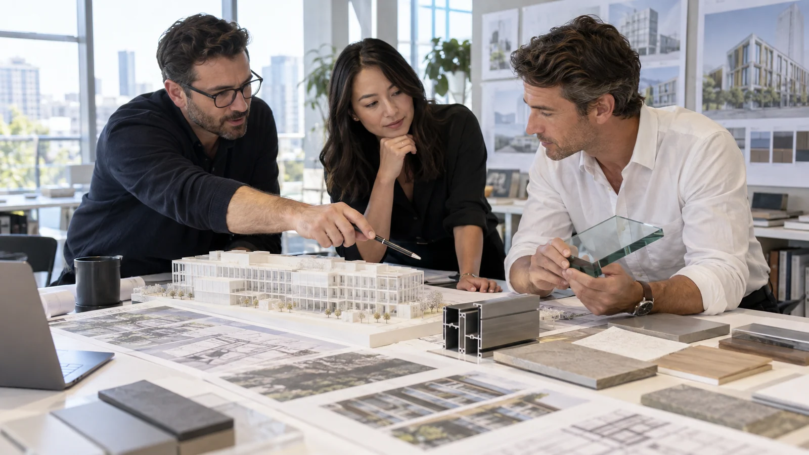 Architect, developer and facade supplier team reviewing a concept model and envelope samples